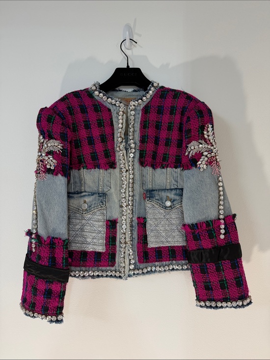 Handmade Jackets & Blazers - Levy’s Handmade Pink & Black Plaid Tweed and Light Blue Denim Embellished Jacket